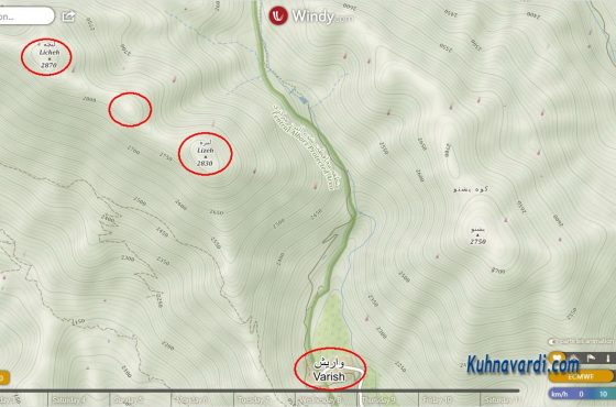 موقعیت قله های لیز و لیچه - نقشه از سایت windy.com