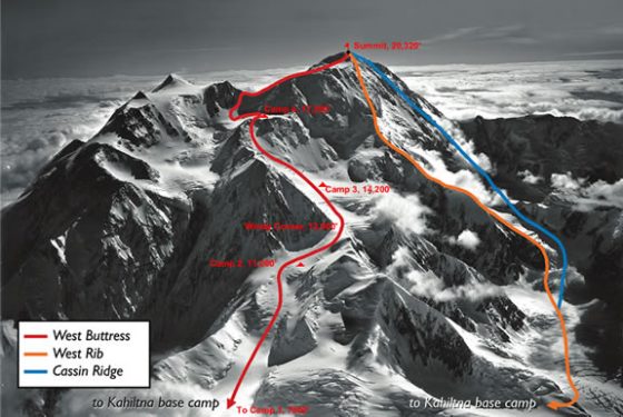 مسیرهای صعود به قله دنالی (قرمز: مسیر صعود نائومی) - Denali Route